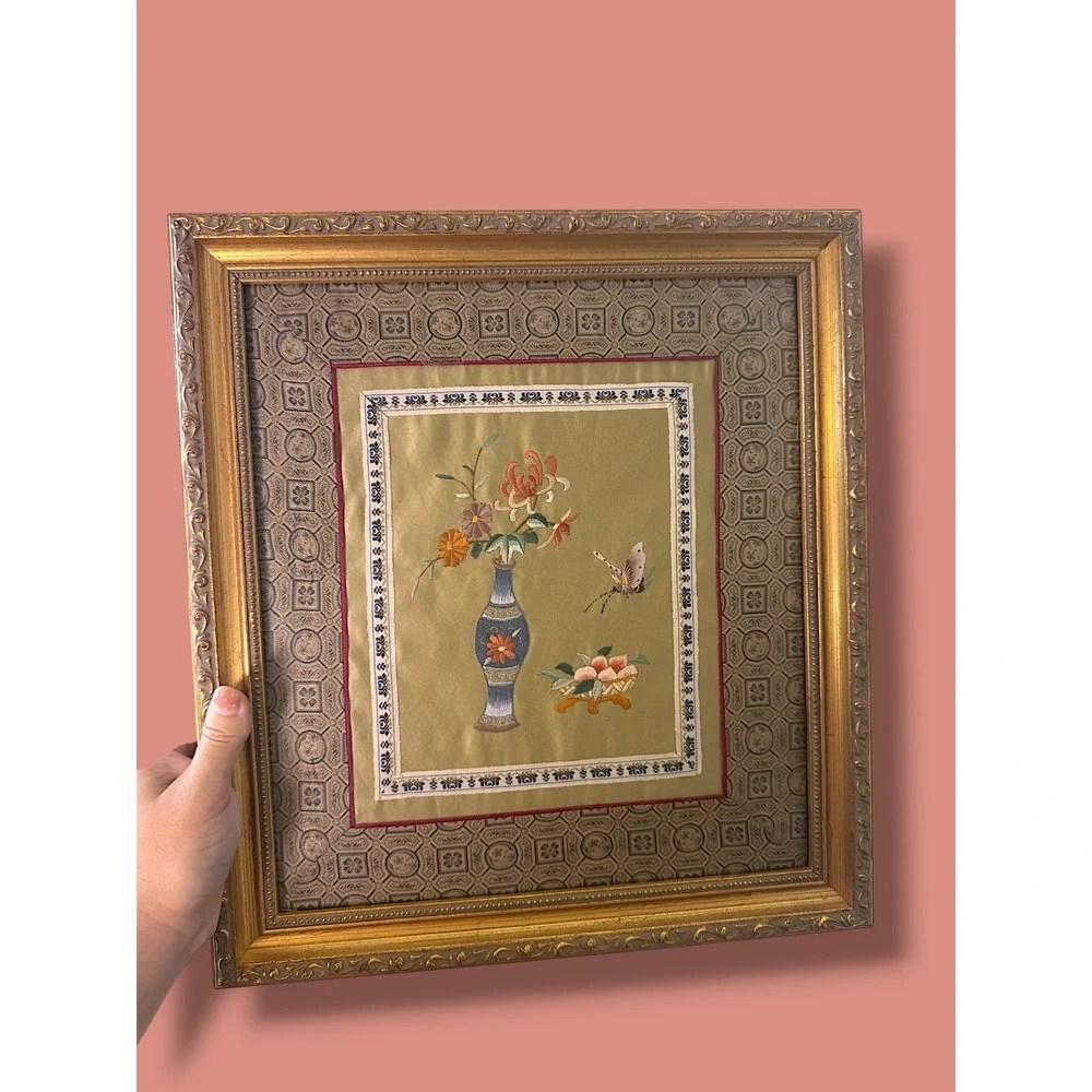 Vintage Chinese Silk Embroidery Framed Art Floral Vase Butterfly Chinoiserie